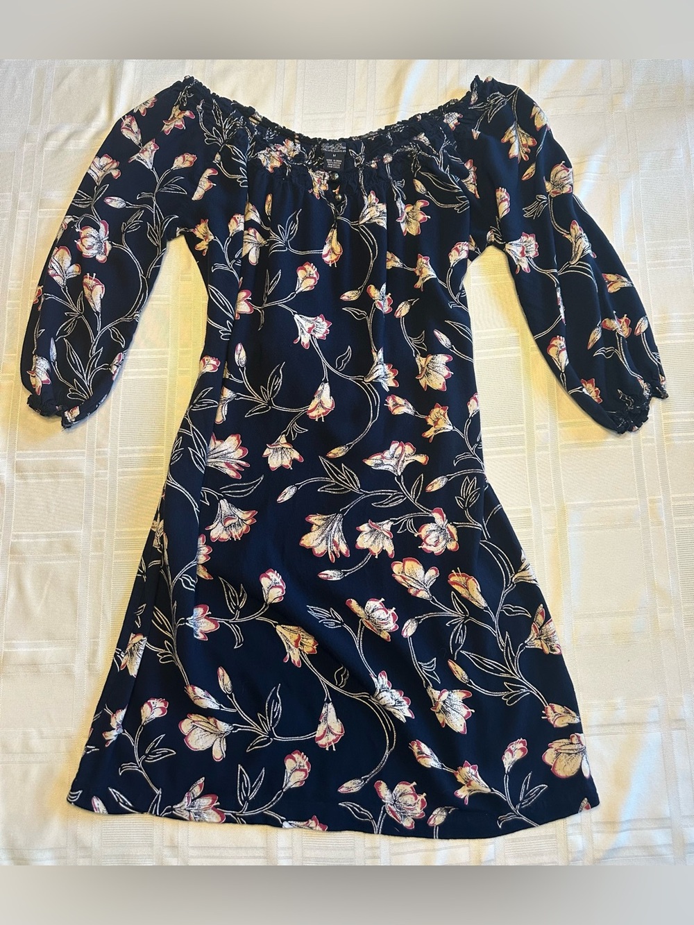 Lucky Brand Womens Navy Floral Balloon Sleeve Off Shoulder Peasant Dress Medium